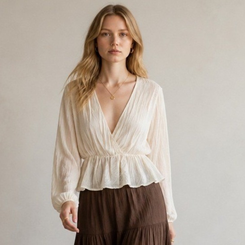 Boohoo Crinkle Top 2 Sheer Faux Wrap Long‎ Sleeve Cream Peplum Hem